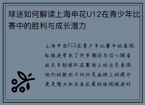 球迷如何解读上海申花U12在青少年比赛中的胜利与成长潜力